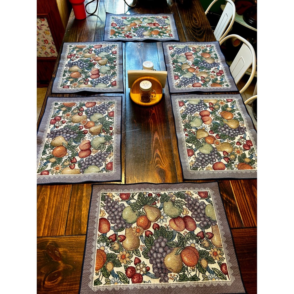Vintage Tapestry Fruit Placemats Set of 6 Woven Grapes Pears Harvest Farmhouse